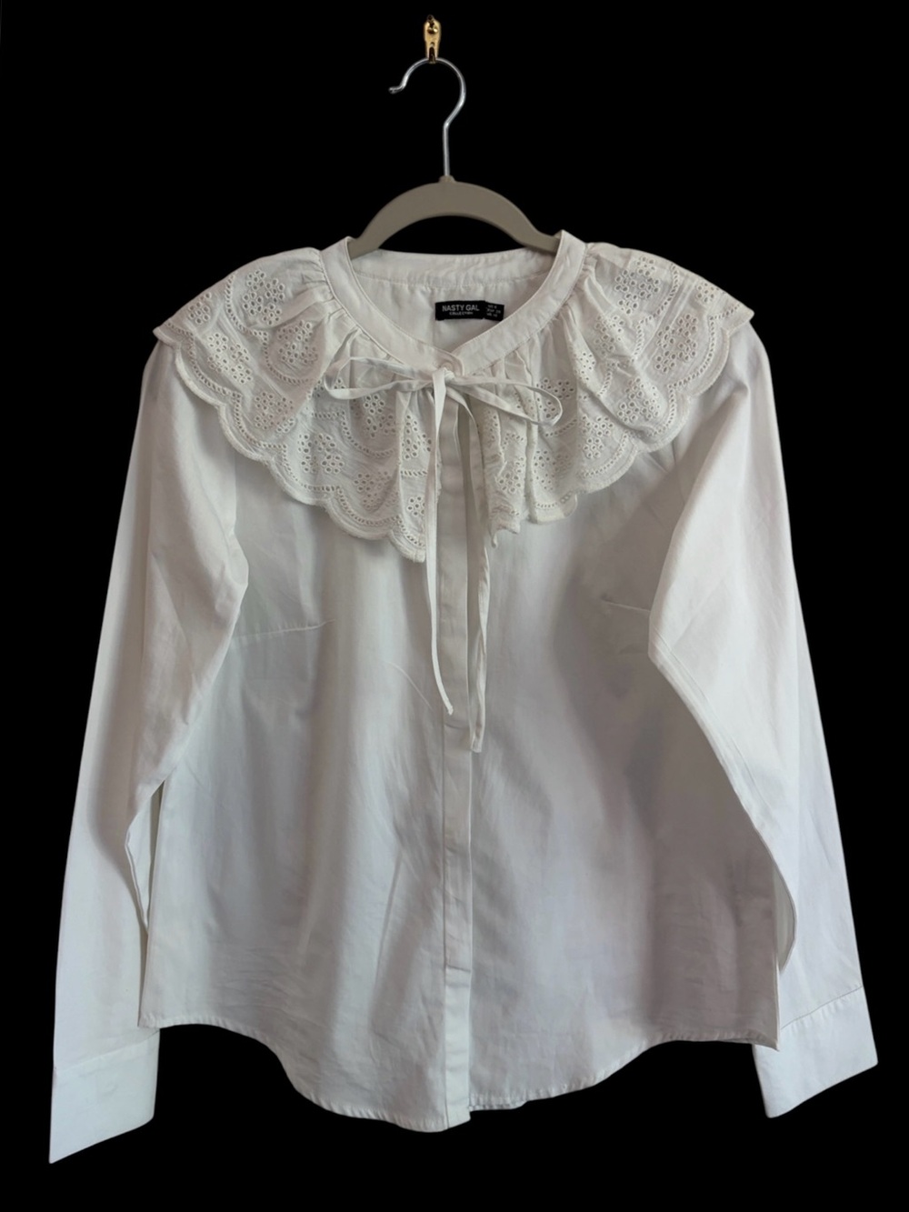 Nasty Gal Prairie Cottagecore White Eyelet Peterpan Collar Button-Up Blouse 6